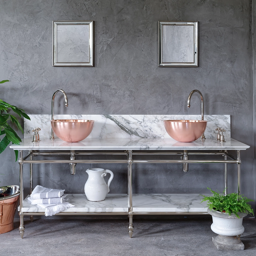 A contemporary marble-top washstand, with unforgettable design features. The Pyrford Washstand is a classic example of a truly sophisticated bathroom fixture.