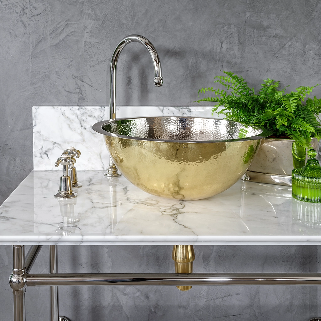 A contemporary marble-top washstand, with unforgettable design features. The Pyrford Washstand is a classic example of a truly sophisticated bathroom fixture.