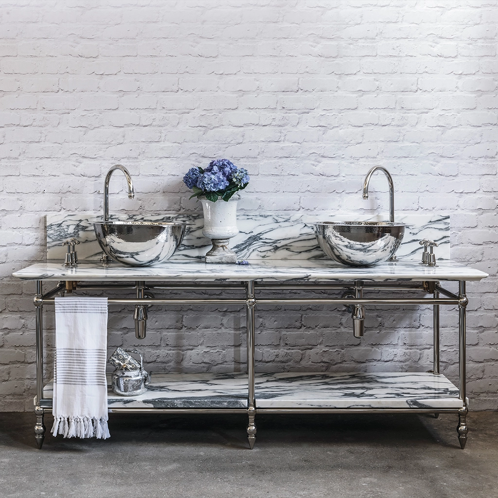 A contemporary marble-top washstand, with unforgettable design features. The Pyrford Washstand is a classic example of a truly sophisticated bathroom fixture.