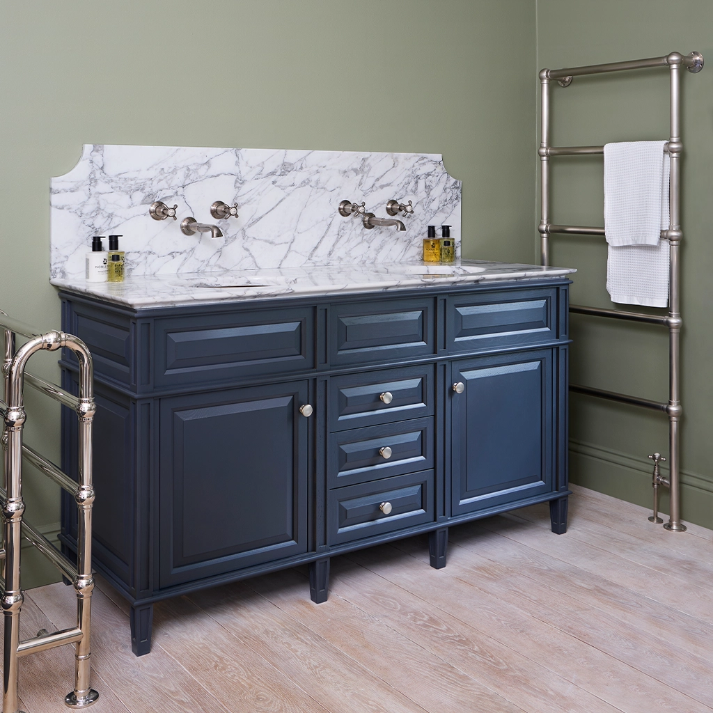 A contemporary marble-top washstand, with unforgettable design features. The Pyrford Washstand is a classic example of a truly sophisticated bathroom fixture.